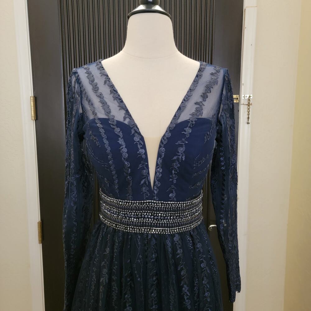 Mac Duggal 66591 Navy Blue 2 Long Sleeve Formal Embroidered Maxi Gown Dress - Picture 5 of 15